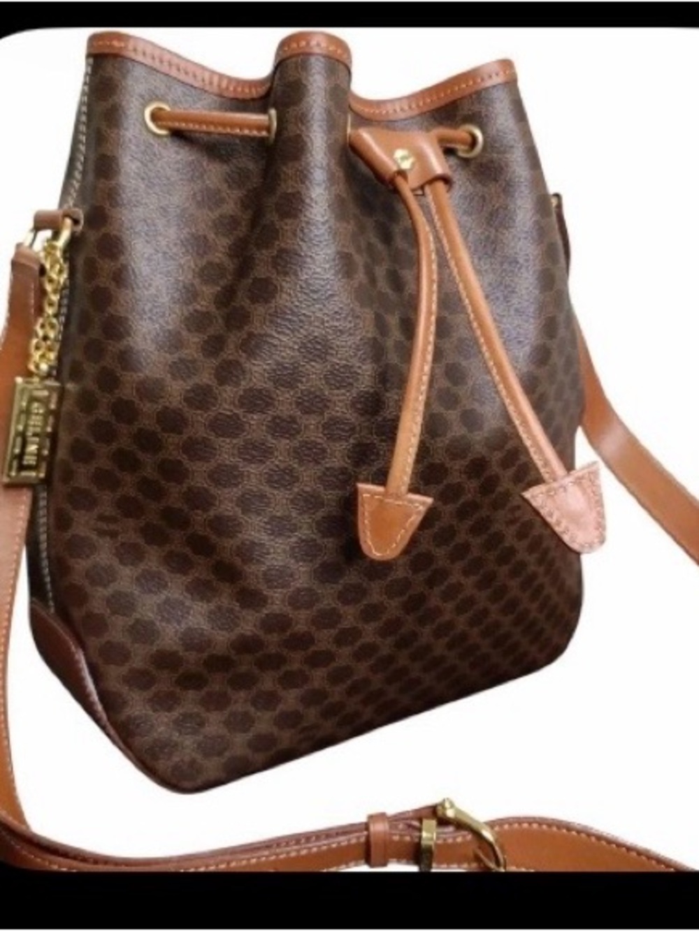 Celine Brown Signature Drawstring Bucket Bag with Tan Trim